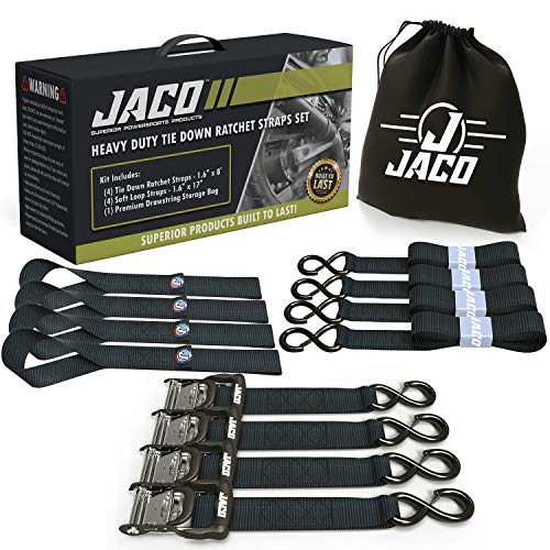 Product Cover JACO Ratchet Tie Down Straps - Heavy Duty Set | AAR Certified Break Strength (5,208 lbs) | with (4) Utility Cargo Ratchet Straps - 1.6 in x 8 ft, (4) Soft Loop Tie Downs, and Accessories (Black)