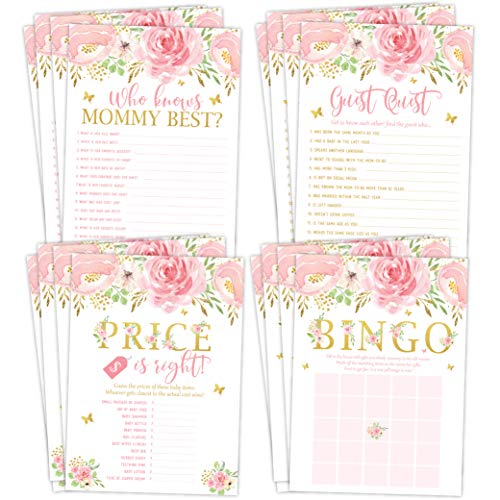 Product Cover Baby Shower Games, Bingo, Find The Guest, The Price Is Right, Who Knows Mommy Best, Pink and Gold Floral, 25 Games Each