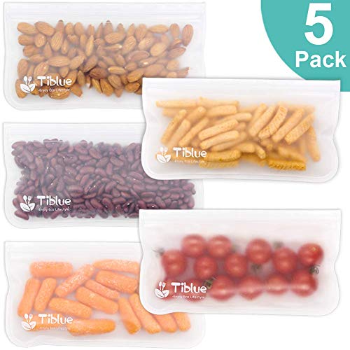 Product Cover Reusable Storage Bags - 5 Pack EASY SEAL Reusable Snack Bags - EXTRA THICK Freezer Bag LEAKPROOF Reusable Ziplock Sandwich Bag for Kid Shool Lunch Food Storage Home Organization Eco-friendly