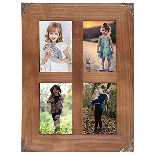 Product Cover SOLOUR 4x6 Picture Frames Collage, Rustic Farmhouse Decor 4 Opening 4x6 Picture Frame with Decorative Metal Corners for Table Top Display and Wall mounting Photo Frame (Brown, 16.2x12.2 inch)
