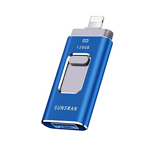 Product Cover USB Flash Drive 128GB Memory Stick for iPhone Photo Stick 3in1 for iPad Flash Drive External Storage Thumb Drive SUNSWAN for iPhone iPad iPod iOS Windows Mac Android and PC(Blue128G-XT)