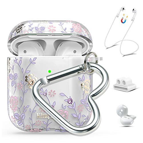 Product Cover Queenxbar 5 in 1 Protective Cover Floral Print Cute Case Airpods Accessories Sets Bling Crystals from Swarovski with Strap/Ear Hook/Watch Band Holder/Carabiner for Apple Airpods 1&2(Front LED Visible)