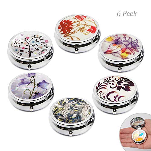 Product Cover 6Pcs Elegant Pill Box Case, Creatiee-Pro Portable Medicine Tablet Vitamin Holder Organizer with 3 Component for Purse Pocket Travel Gift - Practical & Fashionable(6 Patterns, 1.6 Inches)