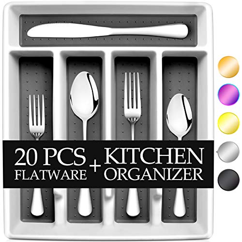 Product Cover RayPard 20-Piece Silverware Set, Flatware Set Mirror Polished, Dishwasher Safe Service for 4, Include Fork/Spoon with 5-Compartment Non Slip Silverware Drawer Organizer Box Tray