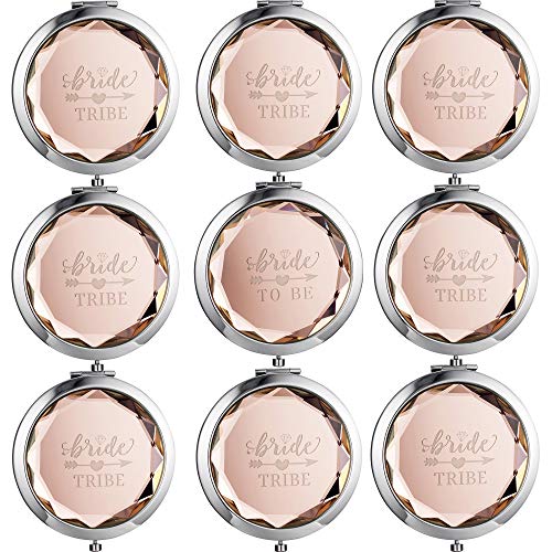 Product Cover 9 Sets Makeup Pocket Compact Mirror, 1 Bride To Be Makeup Mirror 8 Bride Tribe Mirrors Wedding Bridesmaid Gifts-Double Magnifying Mirror For Bridal Party,Champagne Diamond Cutting Style Pocket Mirror