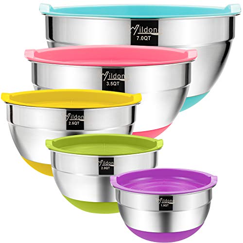 Product Cover Mixing Bowls with Airtight Lids, Wildone Stainless Steel Nesting Mixing Bowls Set of 5, with Non-Slip Colorful Silicone Bottoms, Size 7, 3.5, 2.5, 2, 1.5QT, Ideal for Mixing & Serving