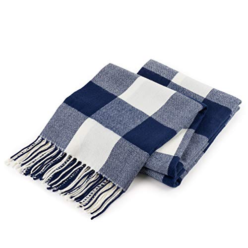 Product Cover Good MANORS Buffalo Plaid Throw Blanket with Fringe, Farmhouse Check Pattern, Ultra Lightweight 15 oz, Woven Soft Breathable Stylish, 50 x 60 in. (Navy Blue & Off-White)
