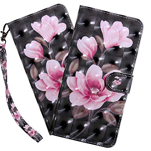 Product Cover HMTECHUS Samsung A10E Case 3D Luxury Pink Flower PU Leather Wallet Flip with Card Holder Kickstand Book Style Magnetic Cover Compatible with Samsung Galaxy A10E,Pink Flower Black BX