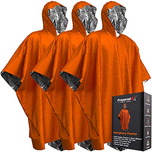 Product Cover PREPARED4X Emergency Blanket Poncho - Keeps You and Your Gear Dry and Warm During Camping Hiking or Any Outdoor Activity | Thermal Mylar Space Blanket Ponchos to Keep You Prepared to Survive | 3 Pack