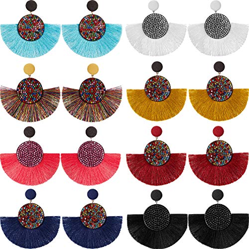Product Cover 8 Pairs Tassel Hoop Earrings Handmade Bohemian Earrings Beaded Statement Earrings for Ladies Wearing (Style 1)