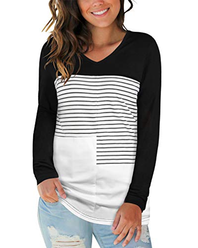 Product Cover STYLEWORD Women's V Neck Long Sleeve Triple Color Block Striped Casual T Shirts Tops