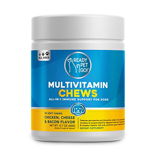 Product Cover Ready Pet Go! Multivitamin for Dogs with Dog Joint Supplement Glucosamine and Chondroitin - Healthy Dog Treats Vitamins for Dogs - Dog Vitamins and Supplements - Chicken, Cheese & Bacon Dog Chew Treat