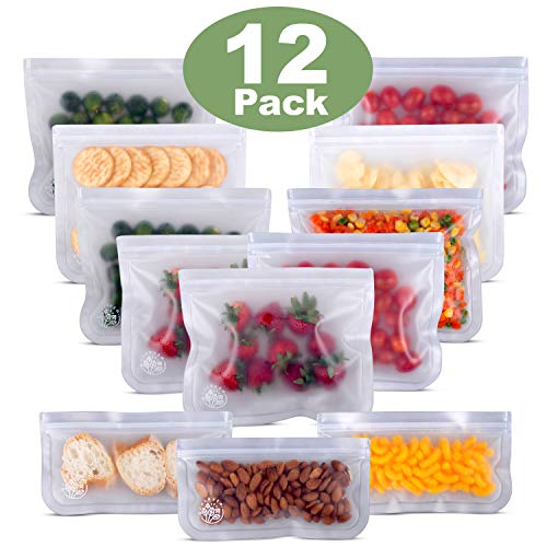 Product Cover Greenzla Reusable Storage Bags (12-Pack) -FDA Grade PEVA Reusable Ziplock Lunch Bags -EXTRA THICK Freezer Safe Sandwich Bags For Food and Kitchen Organization - BPA FREE Snack Bags - 9 Large & 3 Small
