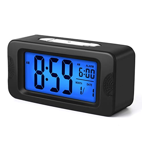 Product Cover Plumeet Digital Alarm Clock, Light Up All Night, 4'' LCD Display Showing Time Alarm Date, Bedside Clocks with Snooze for Bedroom Kitchen Office Battery Operated (Black)