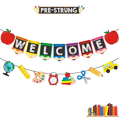 Product Cover Bessmoso Welcome Banner Kids Back to School Theme Party Apple Pencil Stationery Garland First Day New Grade of Class Pennant Ideas Photo Props Decoration Supplies