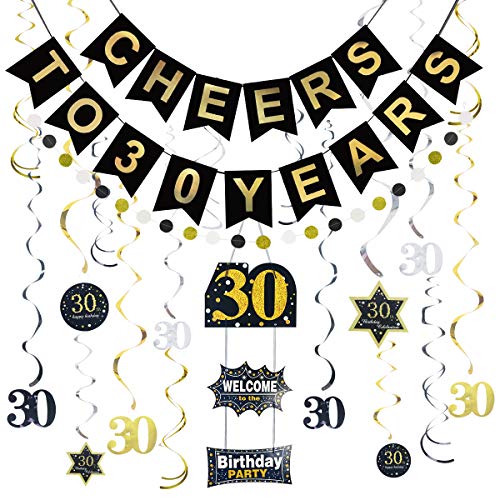 Product Cover Litaus 30th Birthday Decorations for Women or Men, Cheers to 30 Years Banner, Hanging Swirls, Birthday Door Sign, Paper Garland for 30th Birthday Party, Wedding Anniversary, Party Decorations