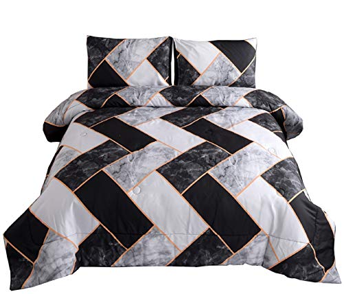 Product Cover Meeting Story Marble Geometry Pattern Bedding Set,Black Grey Abstract for Man Woman Comforter Sets,Queen Size with 2 Pillow Cases (Black-Grey-Rectangle)
