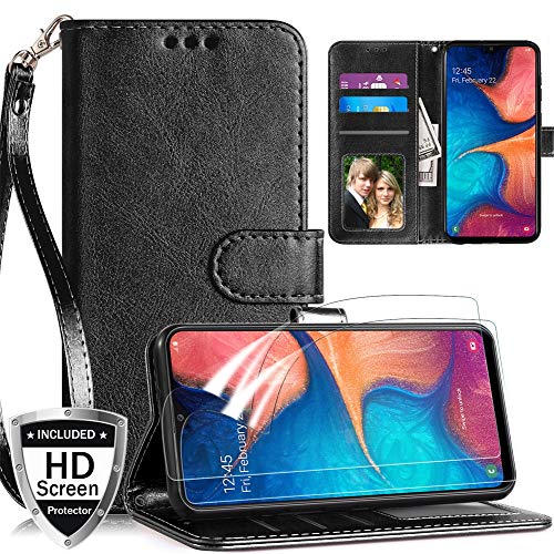 Product Cover Samsung Galaxy A10e,Galaxy A20e Case Wallet,with 2 PCS HD Screen Protector Kickstand Wrist Strap Anti-Scratch Shockproof Card Holder PU Leather Stylish Protective Phone Case-Black