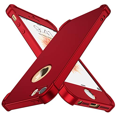 Product Cover ORETECH iPhone 5 / 5S / SE Case,with [2 x Tempered Glass Screen Protector] 360° Full Body Ultra-Thin Shockproof iPhone SE /5S / 5 Cover Anti-Scratch Hard PC + Soft Silicone Rubber iPhone SE Case -Red