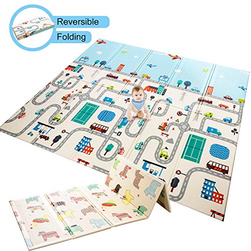 Product Cover Baby Play Mat Foldable Baby Playmat Extra Large Foam Mat Reversible Baby Crawling Mat, Non Toxic Waterproof for Kids Toddler Infants (Maze + Little Horse)