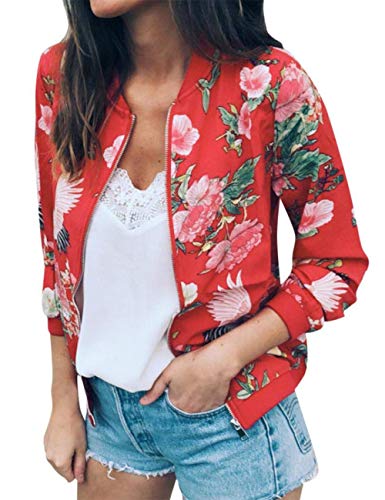 Product Cover Women Retro Floral Bomber Jacket Zipper Baseball Jacket Long Sleeve Lightweight Outwear Coats for Women