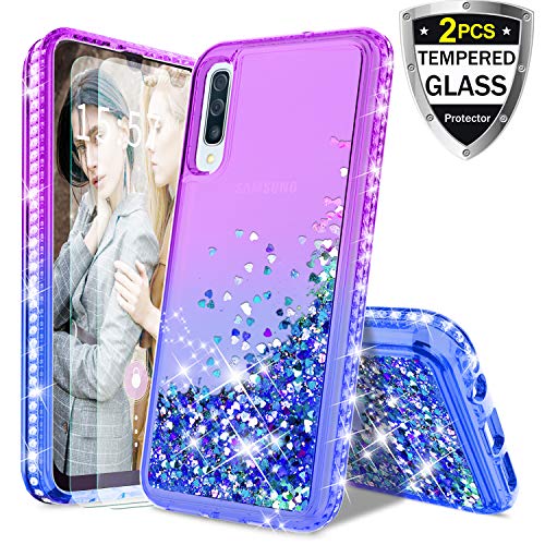 Product Cover Donse for Samsung Galaxy A50 Case,W[2 Tempered Glass Screen] Protect Glitter Liquid Quicksand Floating Shiny Flowing Bling Diamond Luxury Clear Cute Case for Girls Women,Purple/Blue (Purple/Blue)