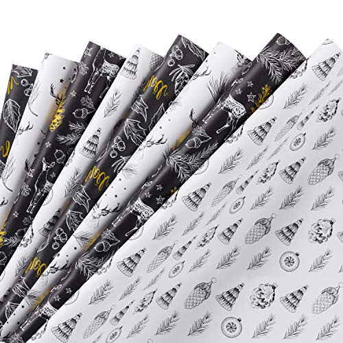 Product Cover WRAPAHOLIC Gift Wrapping Paper Sheet - Black and White Christmas Kraft Wrapping Paper - 1 Roll Contains 8 Sheets - 17.5 inch X 30 inch Per Sheet