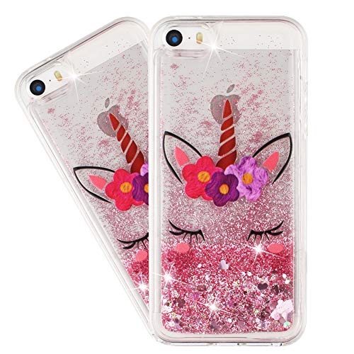 Product Cover HMTECHUS iPhone 5S Case for Girl Glitter Liquid Sparkle Floating Shiny Quicksand Clear Soft TPU Silicone Shockproof Protective Bumper Thin Cover for iPhone 5 / 5S Bling Eyelash Unicorn XY