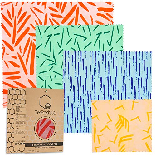 Product Cover Beeswax Food Wrap by BeeFresh | 4 Pack Reusable Bees Wax Wraps | Eco Friendly Sustainable Wrappers | Cling and Saran Plastic Alternative | Bee Wrapping Paper | Zero Waste Food Storage | FDA Approved