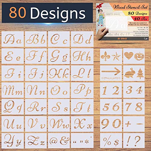 Product Cover New! - 80 Designs - Letter Stencils for Painting on Wood - Alphabet with Calligraphy Font Upper and Lowercase Letters - Reusable Holiday Plastic Art Craft Stencils with Numbers and Signs - 40 Pcs