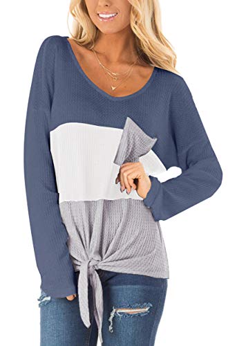 Product Cover SAMPEEL Womens Waffle Knit Tops V-Neck Casual T Shirt Tie Knot Loose Fitting Sweater
