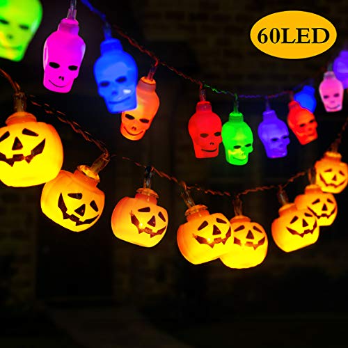 Product Cover GIGALUMI Halloween Lights Decoration, 12ft 30LED(3D Orange Pumpkin,White Spooky Skull) at Each Halloween String Lights, Hanging Lights Battery Operated for Indoor/Outdoor Halloween Decoration Party