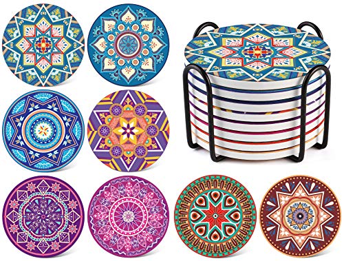 Product Cover LIFVER 8 Pieces Mandala Absorbent Coasters for Drinks - (8 mandala style patterns) - Come with Cork Base and Holder - Colorful Coaster Set for Housewarming Gifts, Home Decor, Bar Decor
