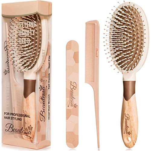 Product Cover 3pcs Brush and Comb Set - Hair Brush Set | Detangling Hair Brush for Women, Men and Girls - Hair Brush For Wet or Dry Hair | Rat Tail Comb - Teasing Comb | Double Sided Nail File for Manicure Pedicure