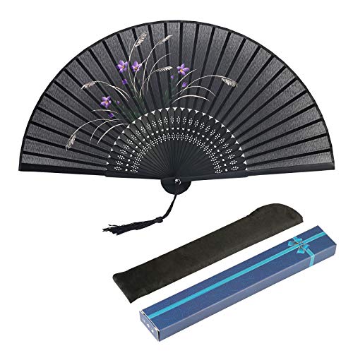 Product Cover Black Hand Fan Metable Silk Fabric Orchid Pattern Bamboo Handheld Folding Fan Chinese Oriental Style Handmade for DIY Wall Decoration Party Dancing Show Props Gift Boxed