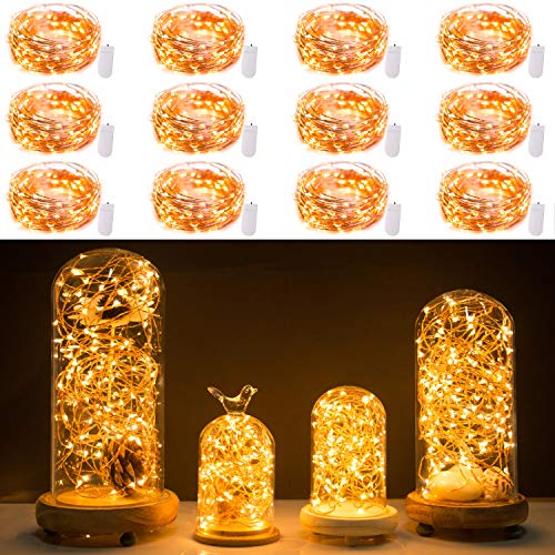 Product Cover 12 Pack Fairy Lights 7Ft 20 LED Firefly Lights Battery Operated String Lights Starry Moon Lights for DIY Wedding Bedroom Indoor Party Christmas Decorations Warm White (Copper Wire)