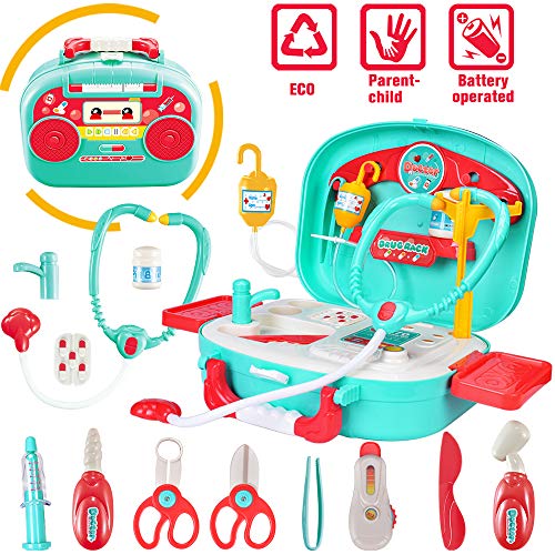 Product Cover INGQU Kids Doctor Kit Pretend Play Set with Working Platform Case, Durable 19 Pieces of Heartbeat, Injecting Dentist Doctor Set for Kids Girls Boys