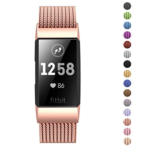 Product Cover Fitlink Stainless Steel Metal Replacement Bands for Fitbit Charge 3 and Charge 3 SE for Women Men,Multi Color Multi Size(Rose Gold,Small(5.5 ''- 8.5''))