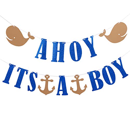 Product Cover Ahoy Its A Boy Glitter Banner- Nautical Theme Baby Shower Party Banner Decor or Baby Boy Party Decoration Supplies- Safe & Eco-Friendly Stand