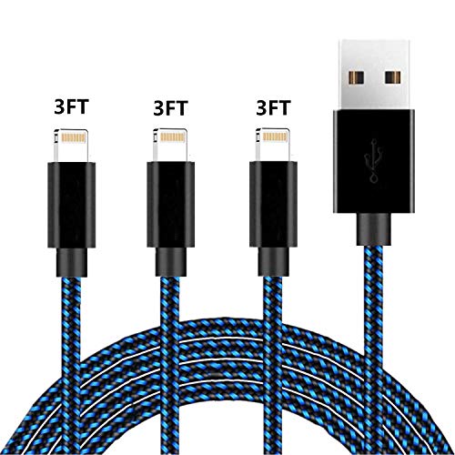 Product Cover iPhone Charger Cable SHARLLEN Lightning Cable Mfi Certified 3Pack 3FT Nylon Braided Fast Long iPhone Charging Cord Compatible iPhone XS/Max/XR/X/8/8Plus/7/7P/6S/iPad/iPod/IOS More (Blue1)