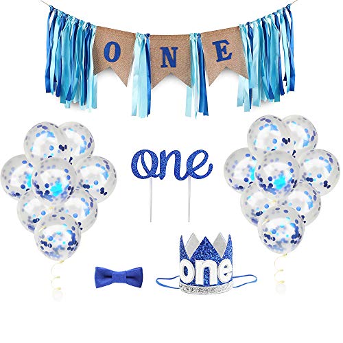 Product Cover First Birthday Party Decorations Includes Burlap Ribbon Highchair Banner, Crown Hat, Tie, Cake Topper and 16 pcs Confetti Balloons for Baby Boys Birthday Party Supplies, Blue