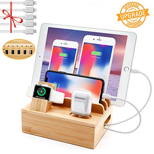 Product Cover Bamboo Charger Station for Multiple Devices Sendowtek 6-in-1 USB Charging Station with 5-Port for Cell Phone Tablet Electronic, Watch Stand Earbuds Docking Station Organizer-5 Mixed Cables Included