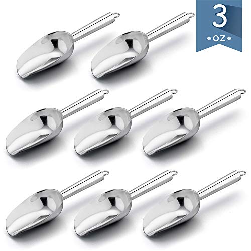 Product Cover Mini Scoop Set of 8, E-far 3 Ounce Stainless Steel Scoops for Ice Cube/Candy/Flour/Sugar, Metal Utility Scoops for Weddings, Dessert Buffet, Canisters, Food Grade & Rust Free, Easy Clean & Dishwasher