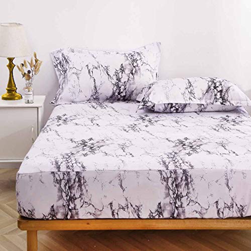 Product Cover NANKO Queen Fitted Sheet 80x60 Deep Pocket Mattress Only Marble Printed Best Luxury Cool Soft Lightweight Microfiber Bedding Set 2 Pillowcases White Grey and Black 11 12 14 15 16 inch