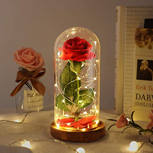 Product Cover Beauty and The Beast Rose -Romantic Choice for Home Decor and Holiday Parties, Beautifully Decorated with Red Silk Roses, LED Lights and Dome Glass Base