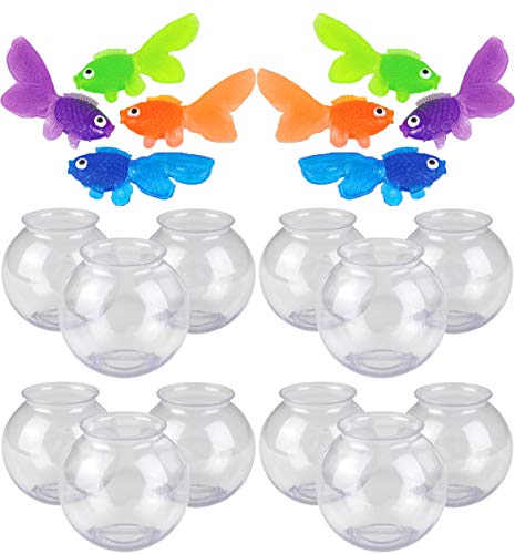 Product Cover Bulk 12 Clear Mini Ivy Bowls 16 Ounces with 144 Assorted Vinyl Goldfish, Carnival Party Pack Great for Fishbowl, Summer Games, Kids School Craft, Cute Favors, Table Decorations, 4E's Novelty