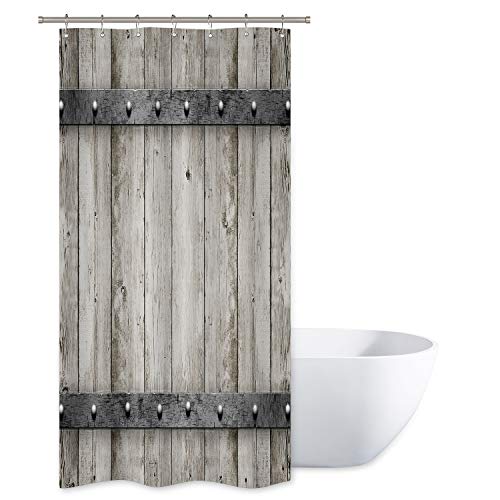 Product Cover Riyidecor Rustic Barn Door Shower Curtain Wooden Metal Texture Bathroom Decor Fabric Panel 36x72 Inch Small Stall Polyester Waterproof with 12 Pack Plastic Shower Hooks