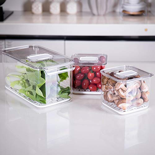 Product Cover Slideep Food Storage Containers Fridge Produce Saver, Stackable Refrigerator Organizer Keeper with Removable Drain Tray for Produce, Fruits, Vegetables