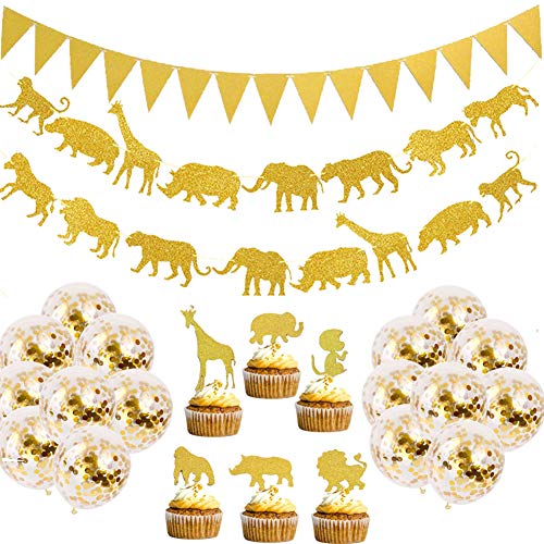 Product Cover Jelacy Gold Jungle Safari Animal Banner- Gold Glitter Jungle Safari Animal Cupcake- Toppers Baby Shower Boys Girls Birthday Party Supplies Decorations, Zoo Themed Party Supplies Decorations