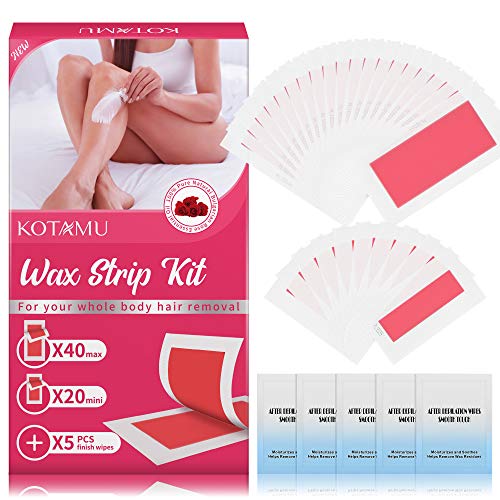 Product Cover Body Wax Strips, KOTAMU Hair Removal Waxing Strips for Face Legs Underarms Brazilian Bikini Women with 60 Count Cold Wax Strips & 5 Post Cleaning Wipes